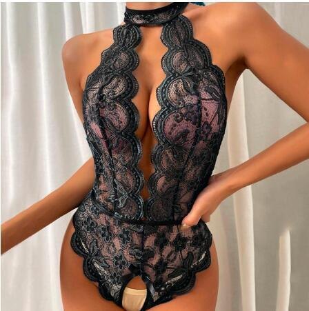 Black scallop lace plunge halter crotchless bodysuit