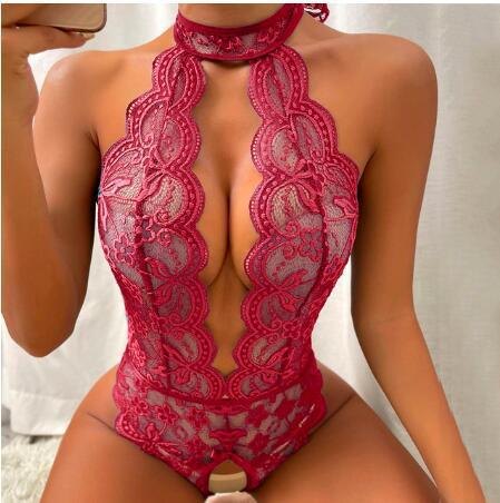 Claret scallop lace plunge halter crotchless bodysuit