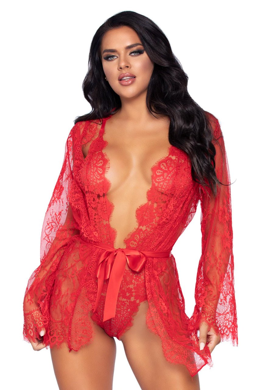 Red scalloped lace teddy robe set