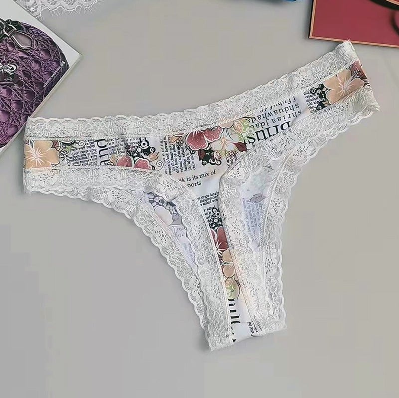 White-letter seamless printed silky thong