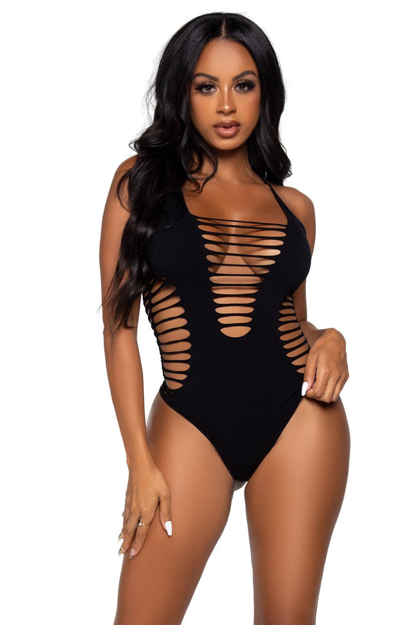 Black seamless shredded cutout teddy
