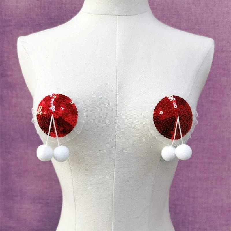 Red sequin pom-pom nipple pasties, photo 2