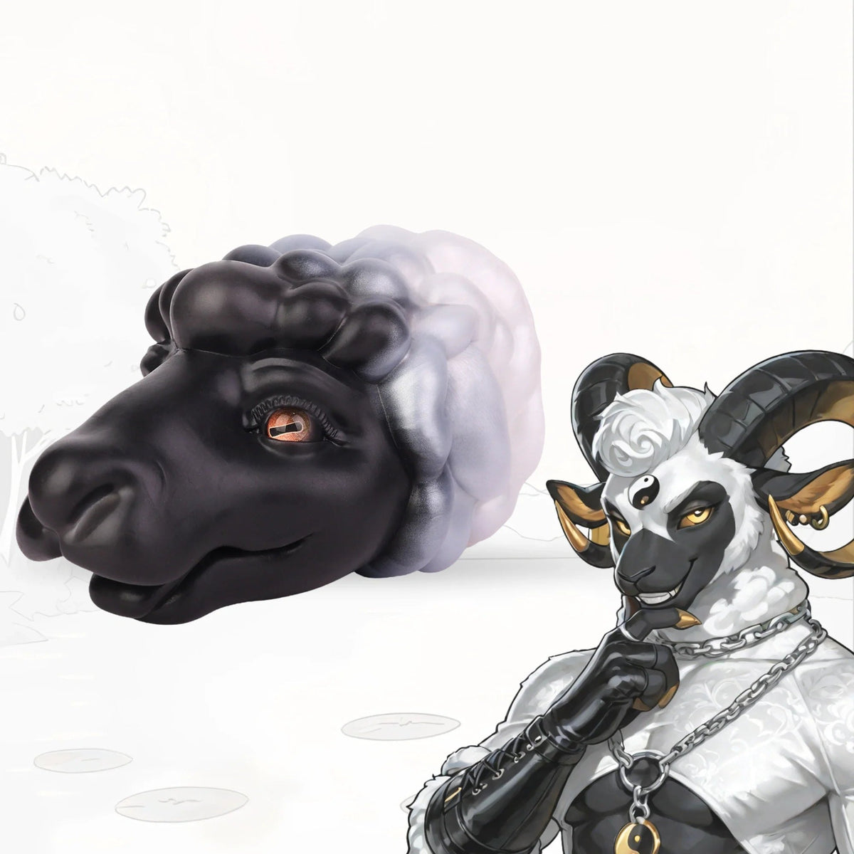 Black sheep head masturbator with pearl-grey fleece, photo 1