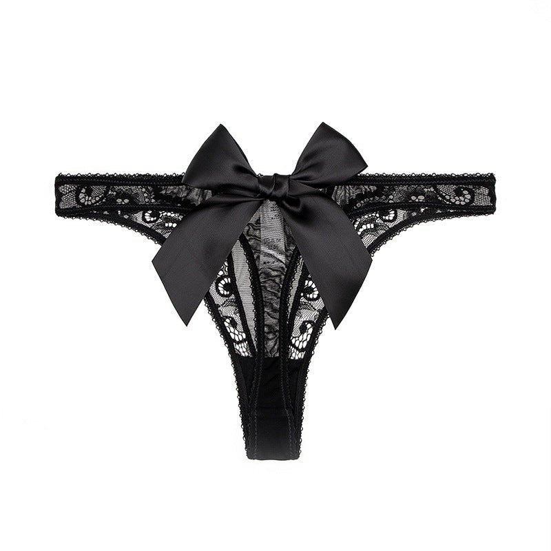 Black sheer bowknot low rise thong panty