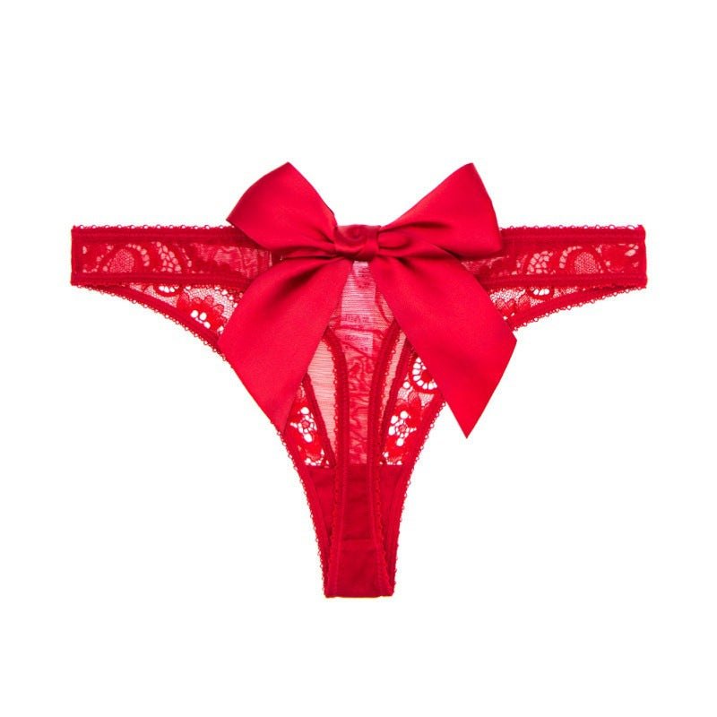 Red sheer bowknot low rise thong panty