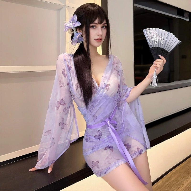 Purple sheer butterfly print mesh nightgown