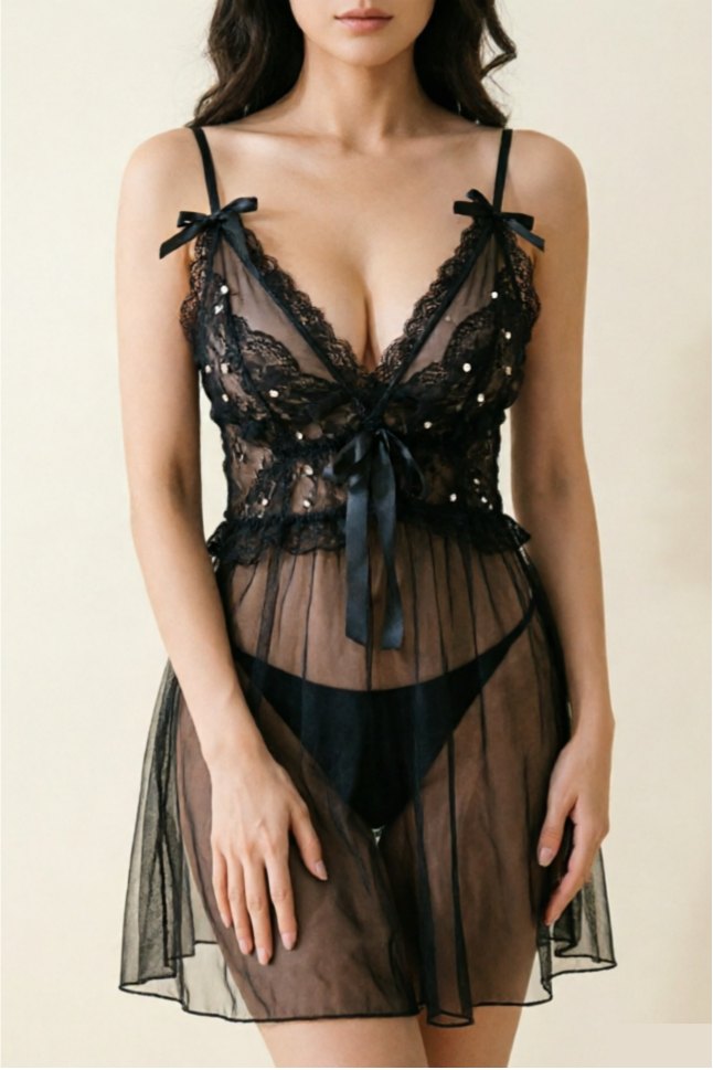 Black sheer deep v robe bow tie closure