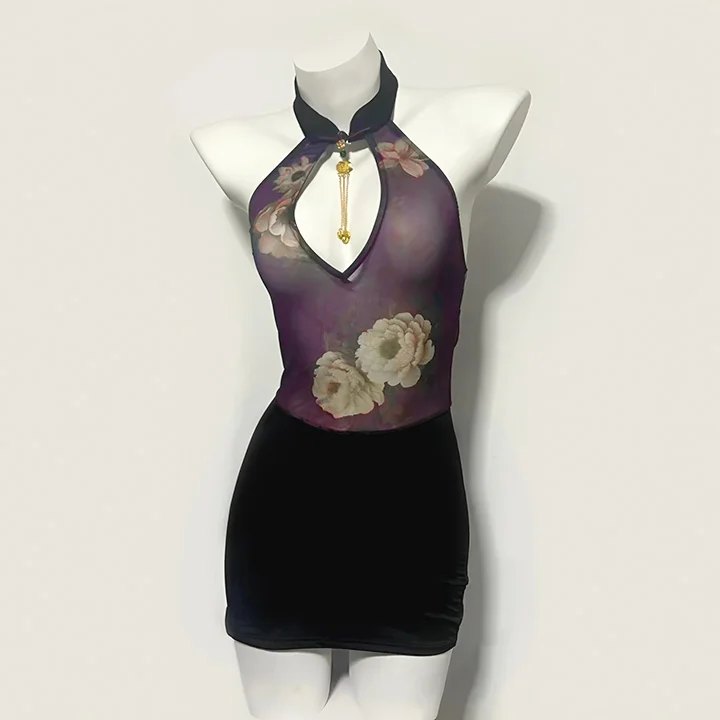 Sheer floral backless slim fit cheongsam, photo 4