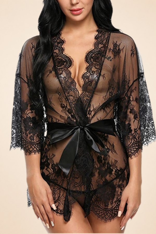 Black sheer floral lace satin kimono bathrobe