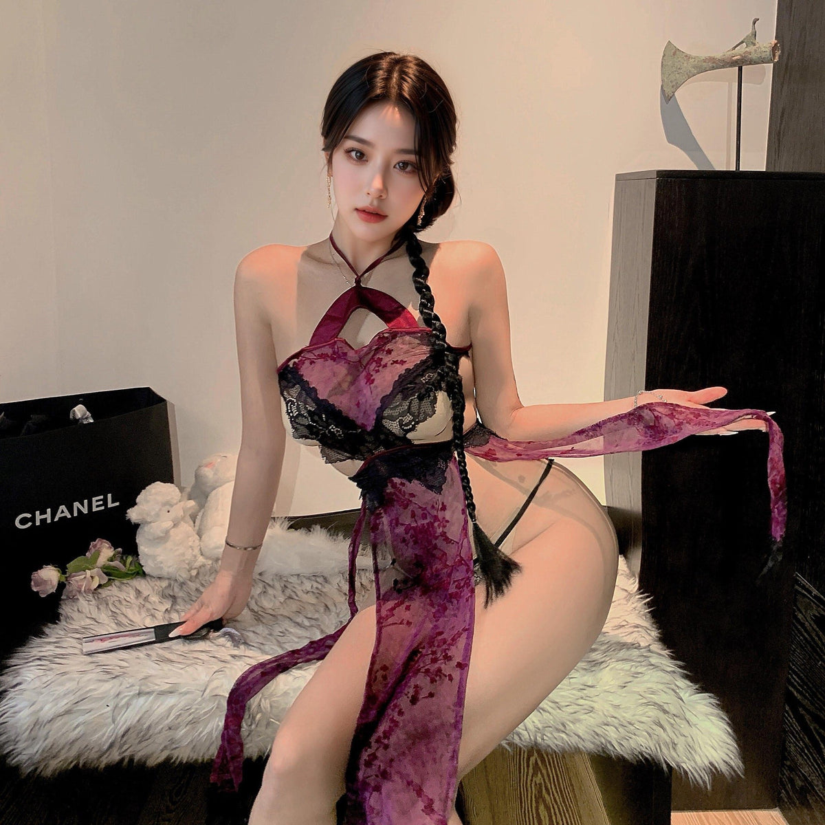 Purple sheer halter floral cheongsam costume set