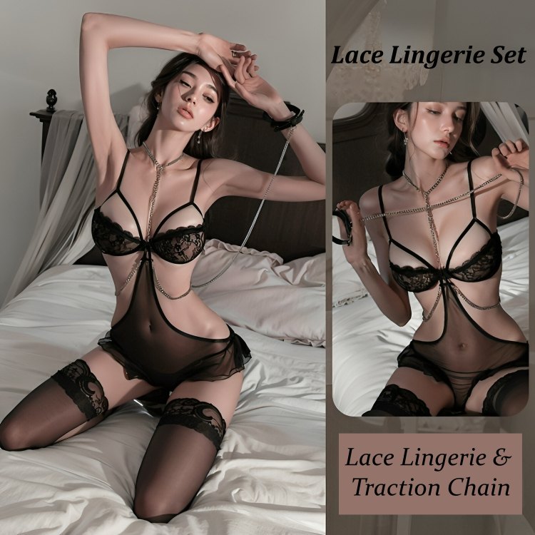 Black sheer lace chain accent bodysuit