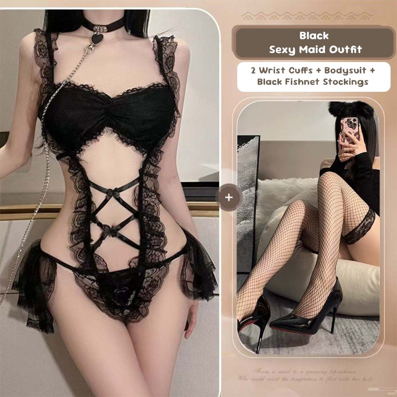 Black + Black Mesh Stockings sheer lace maid costume bodysuit