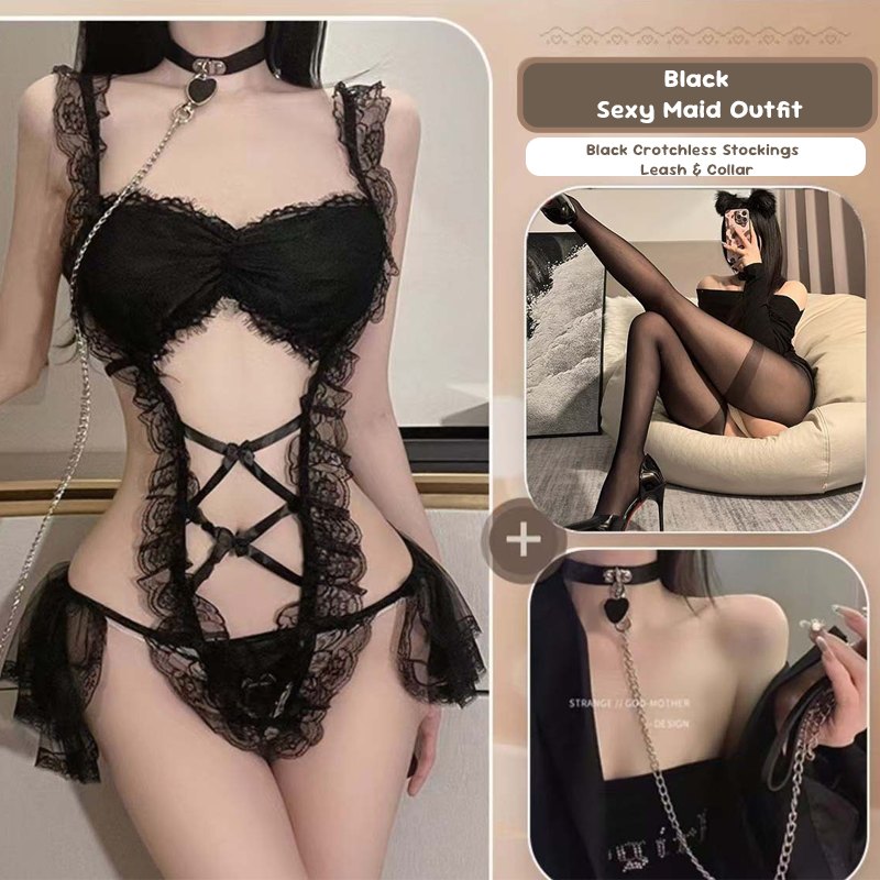 Black + Black Open Crotch Socks sheer lace maid costume bodysuit
