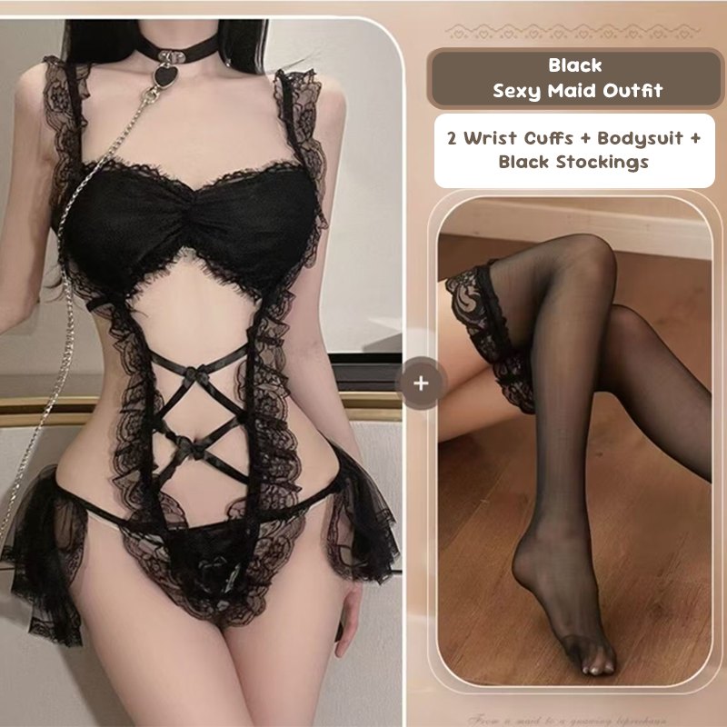 Black + Black Silk Stockings sheer lace maid costume bodysuit