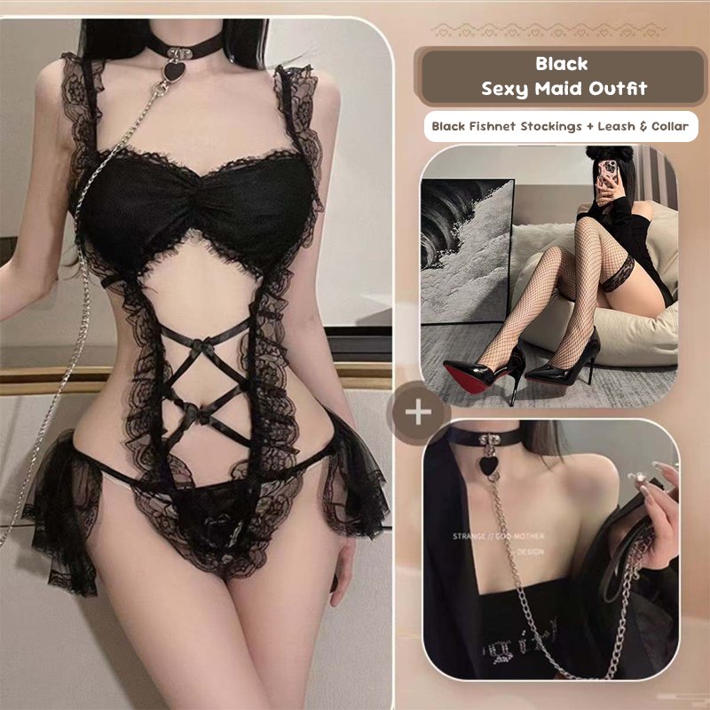 Black + Collar + Black Mesh Stockings sheer lace maid costume bodysuit