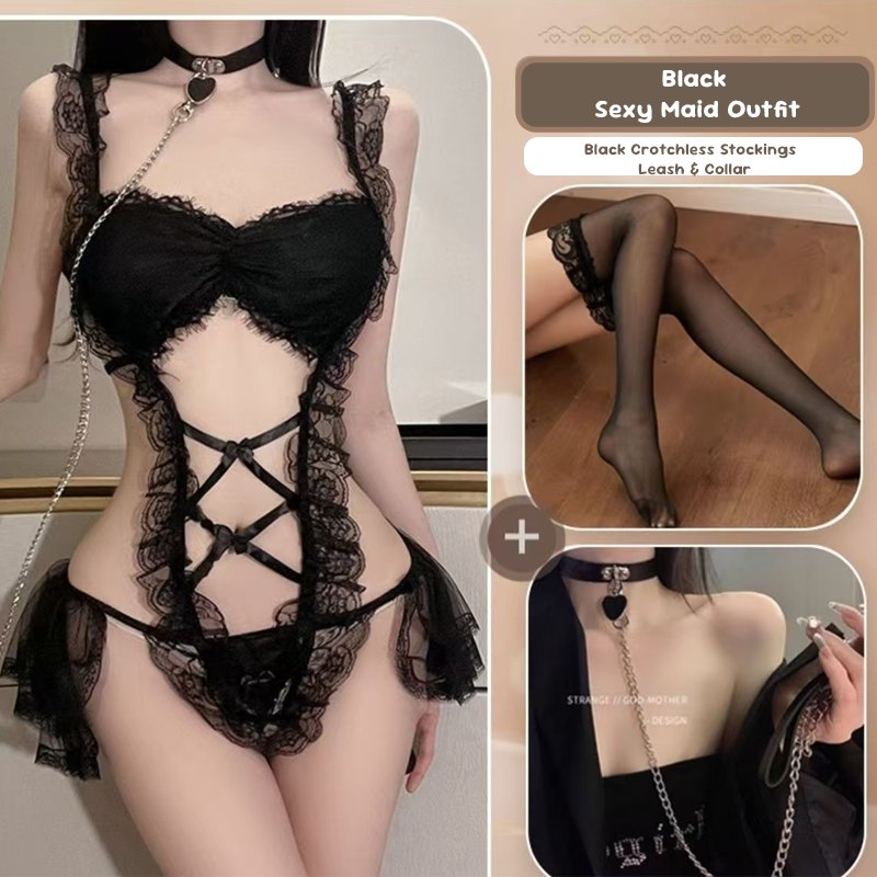 Black + Collar + Black Silk Stockings sheer lace maid costume bodysuit
