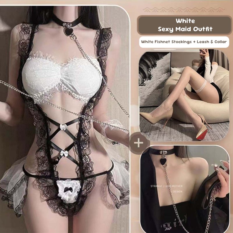 White + Collar + White Mesh Stockings sheer lace maid costume bodysuit