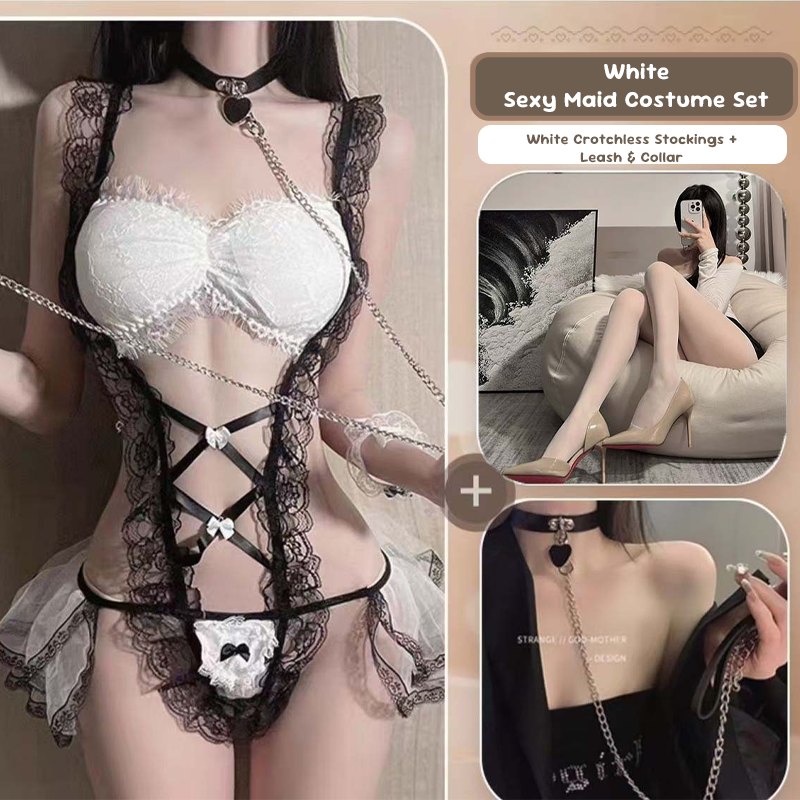 White + Collar + White Open Crotch Socks sheer lace maid costume bodysuit