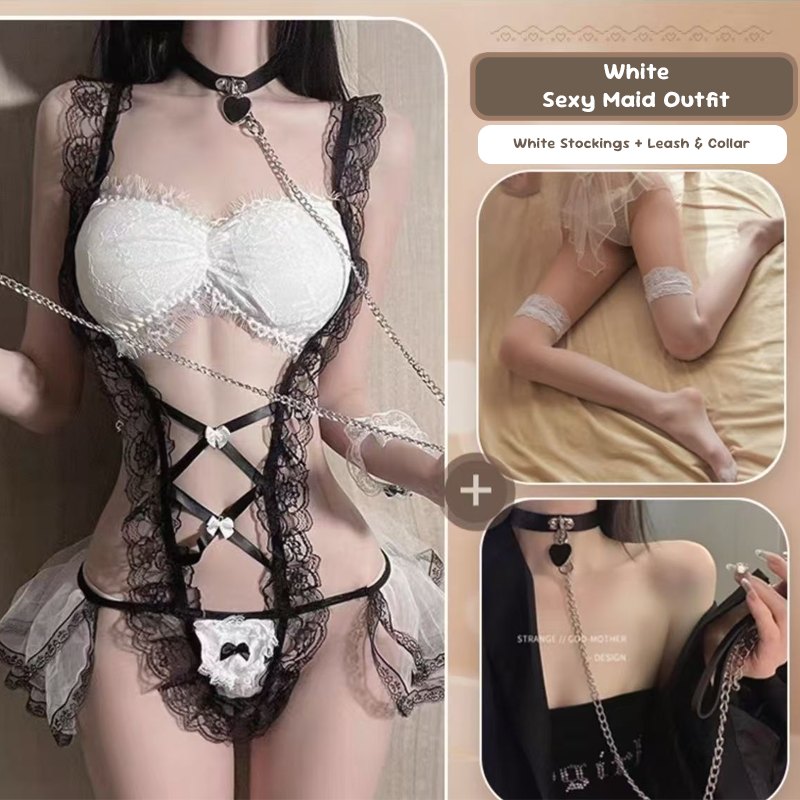 White + Collar + White Silk Stockings sheer lace maid costume bodysuit