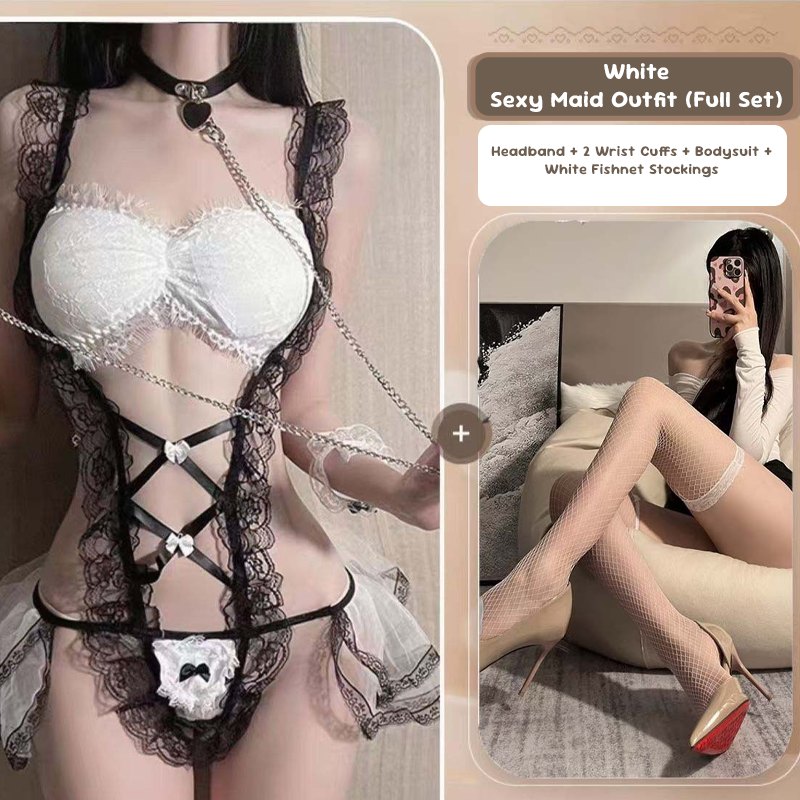White + White Mesh Stockings sheer lace maid costume bodysuit