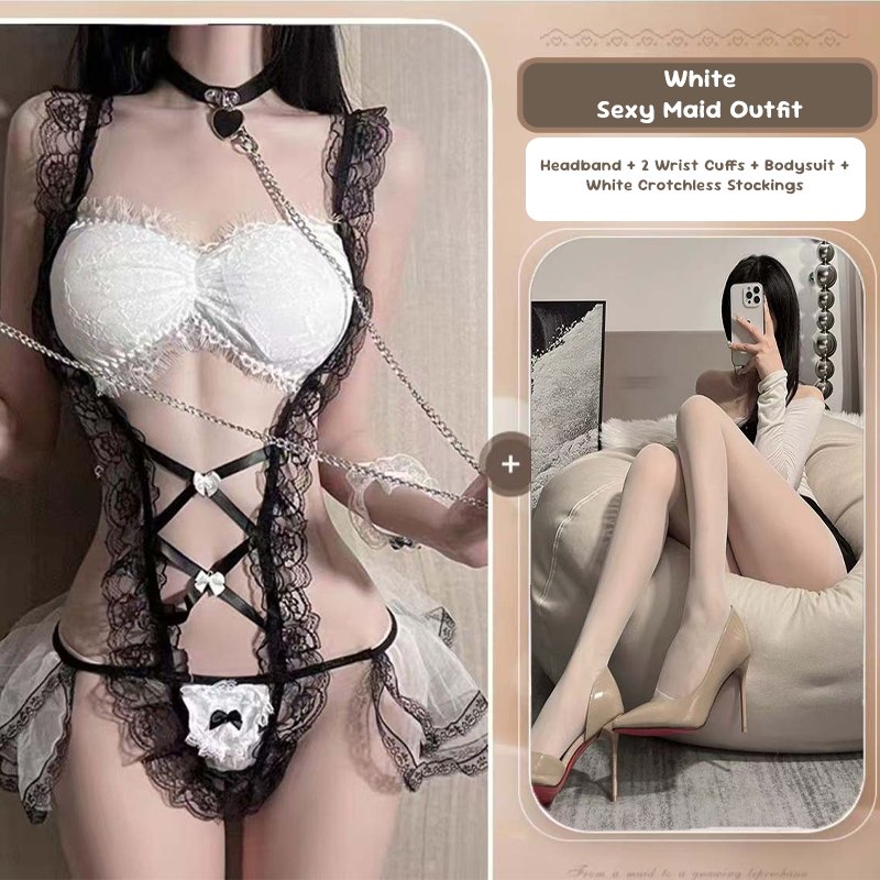 White + White Open Crotch Socks sheer lace maid costume bodysuit