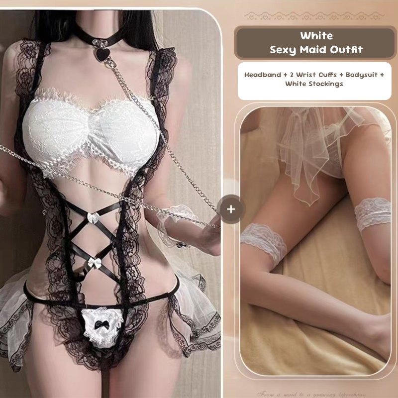 White + White Silk Stockings sheer lace maid costume bodysuit