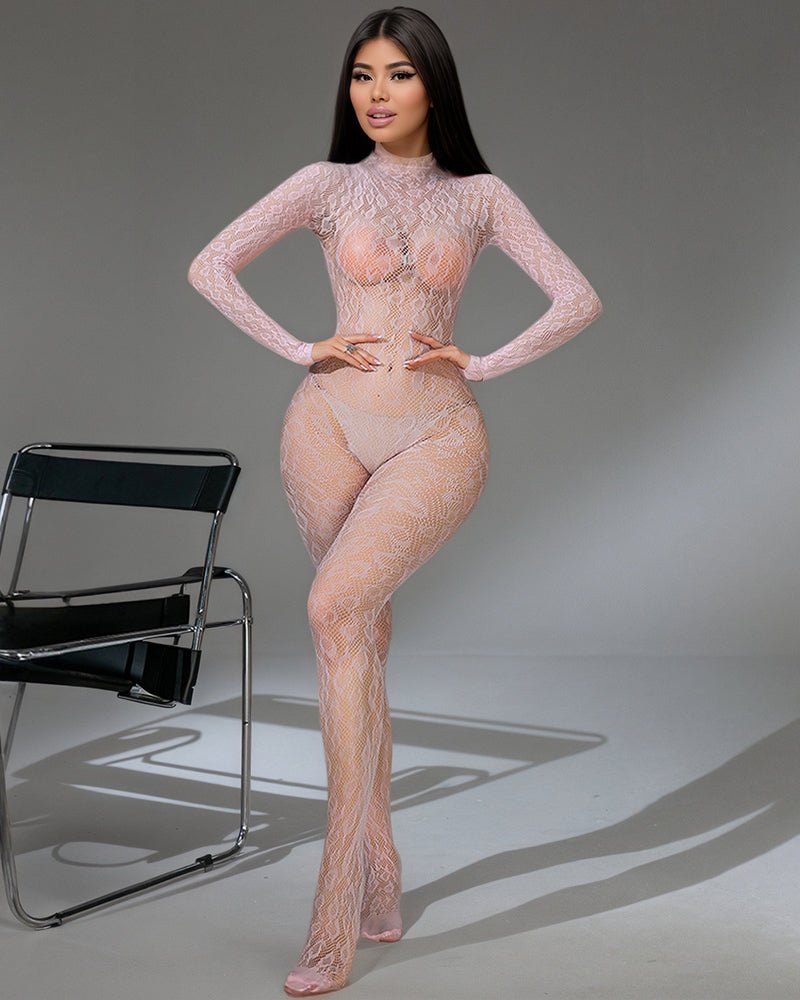 Pink sheer lace full body bodystocking