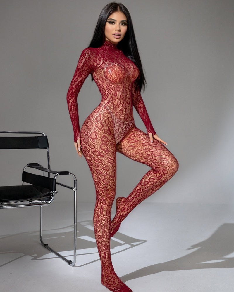 Wine Red sheer lace full body bodystocking
