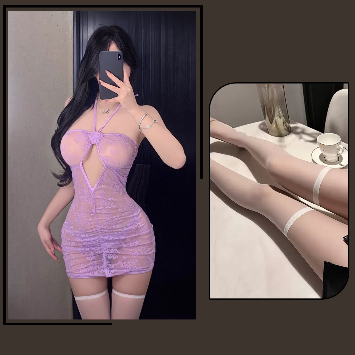 Sheer lace halter rose hip skirt chemise, photo 5