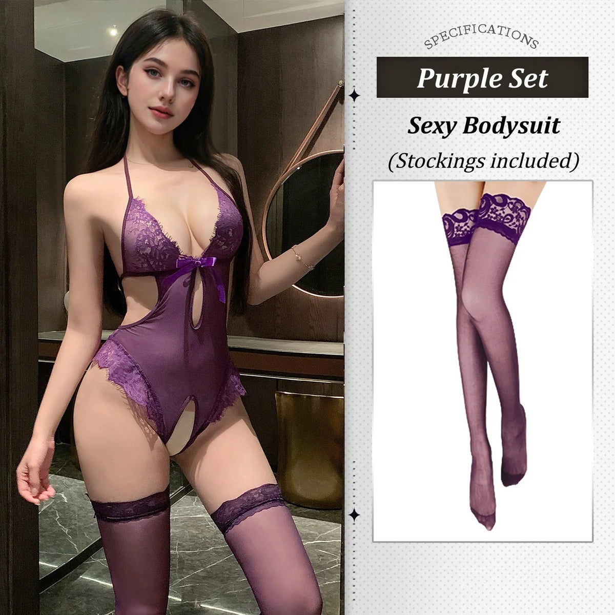 Purple sheer lace open crotch bodysuit