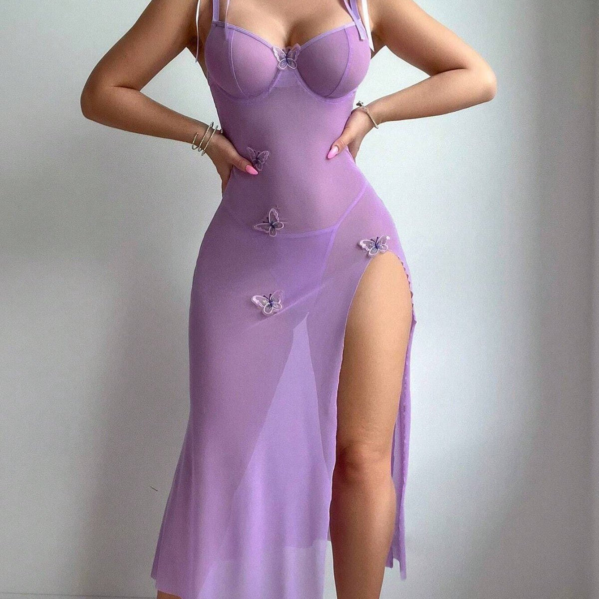 Purple sheer mesh backless high slit chemise