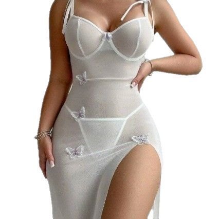 White sheer mesh backless high slit chemise