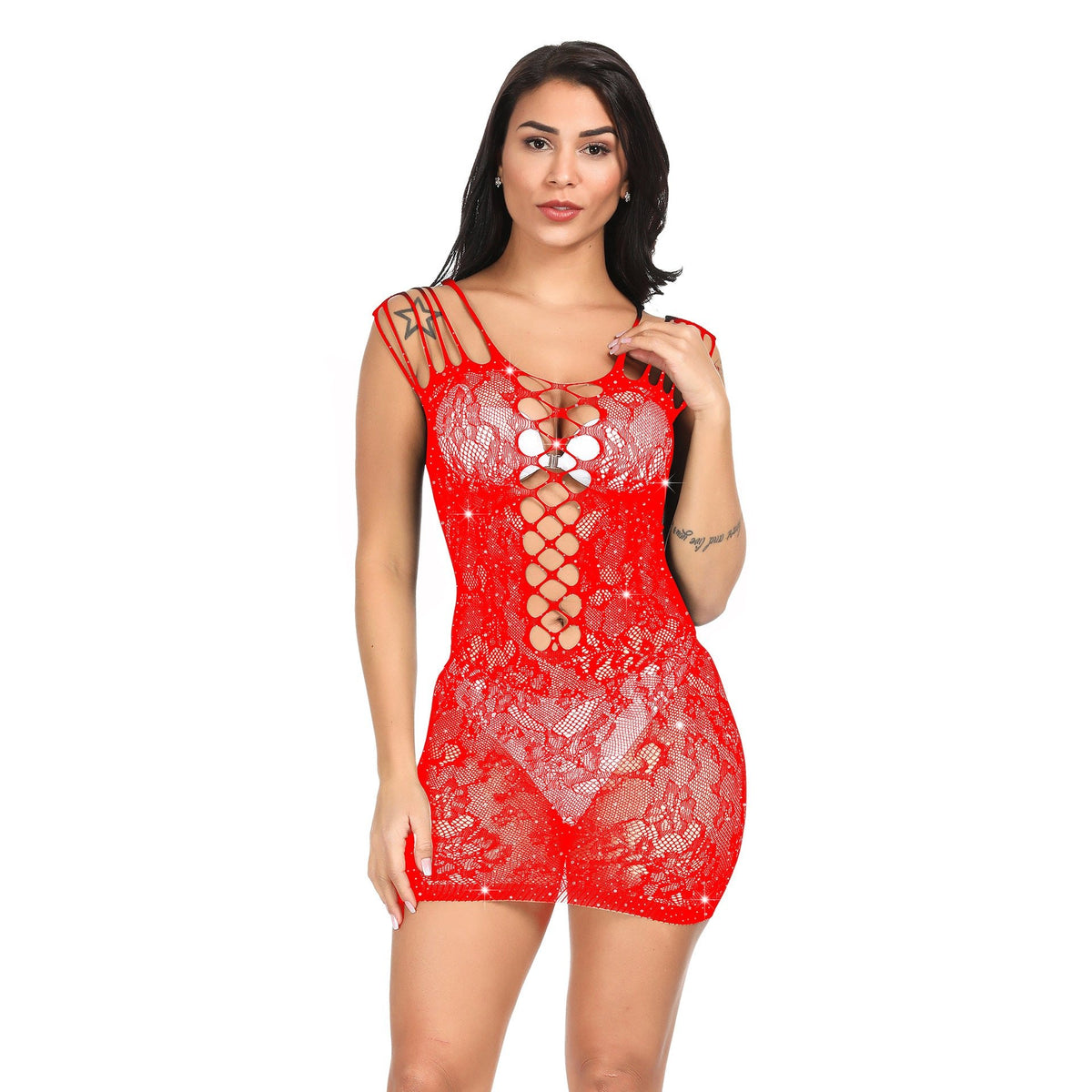 Red sheer mesh bodystocking lingerie set
