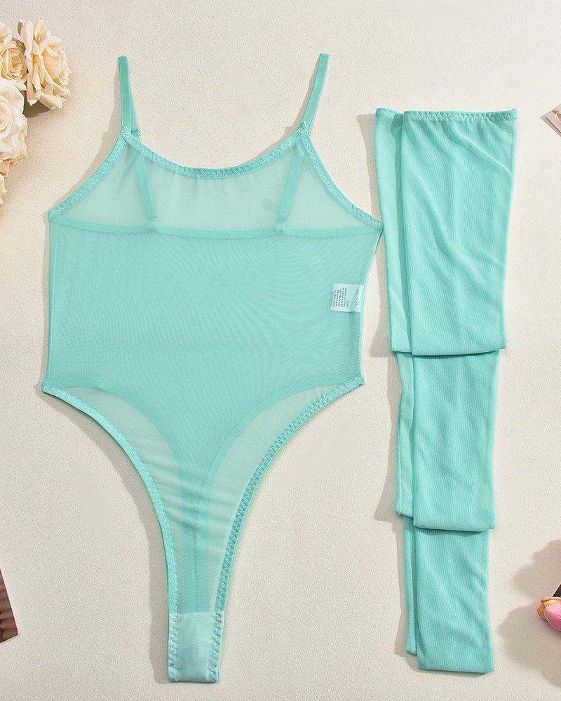 Light Blue sheer mesh bodysuit with stockings