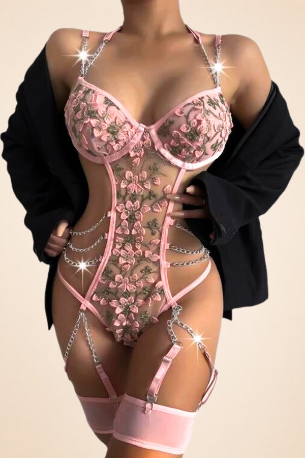 Pink chain garter belt corset set