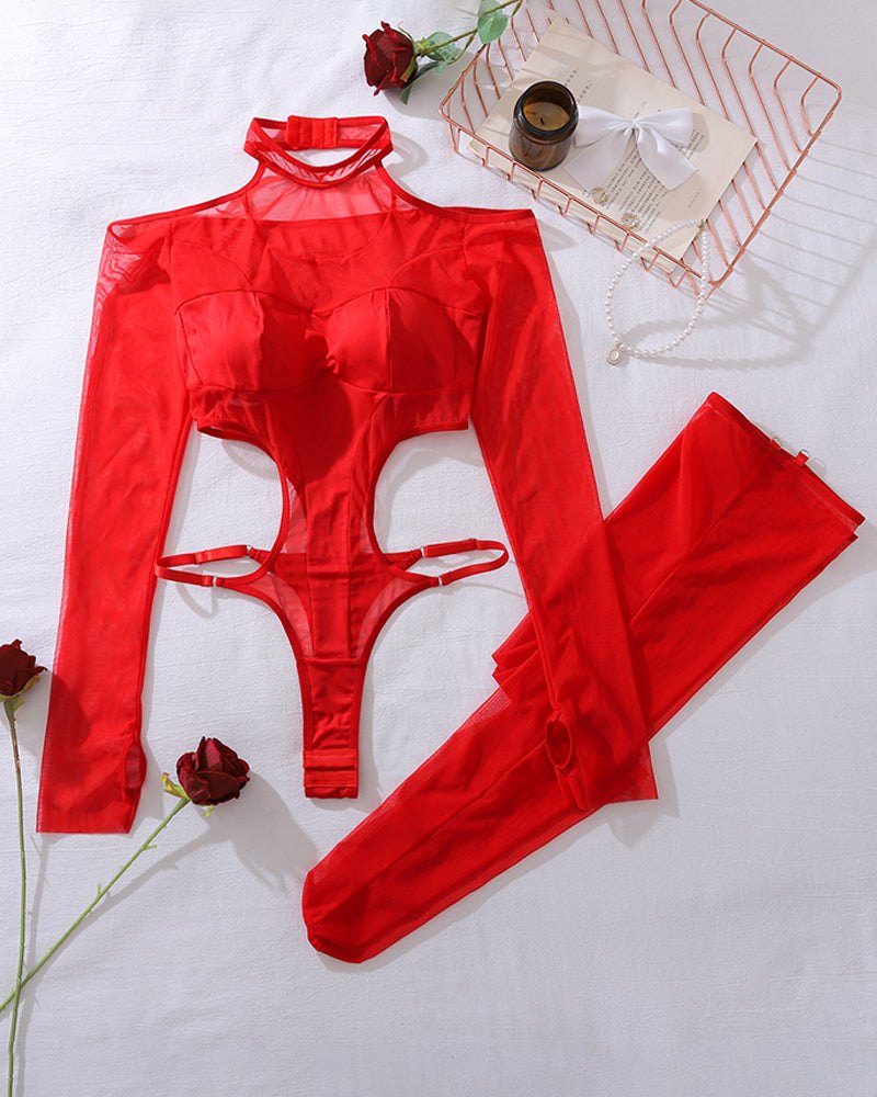 Red sheer mesh cutout bodysuit set stockings