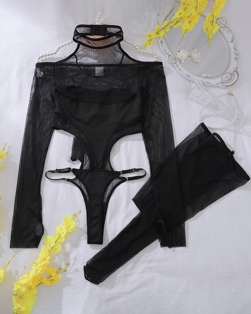 Sheer mesh cutout bodysuit set stockings, photo 5
