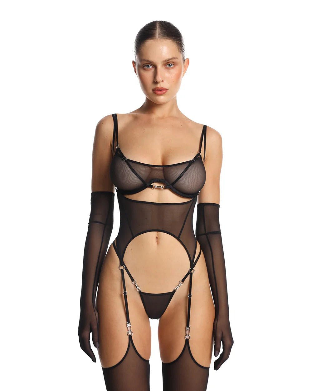 Black sheer mesh cutout ring bodysuit