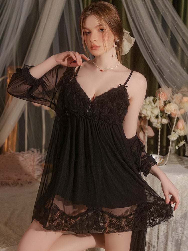 Black sheer mesh floral accent nightgown