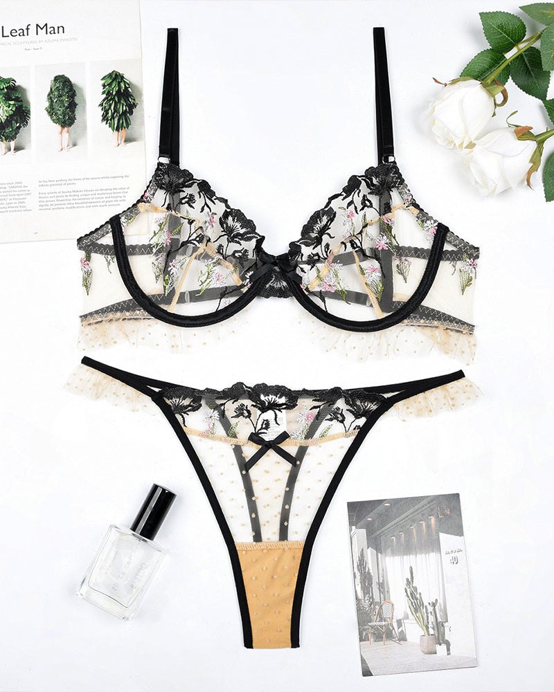 Sheer mesh floral embroidered bra thong set, photo 4