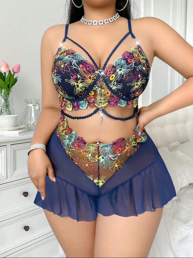 Navy Blue plus size sheer mesh floral embroidery bra set