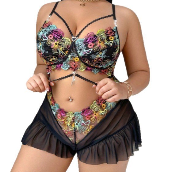 Plus size sheer mesh floral embroidery bra set, photo 3