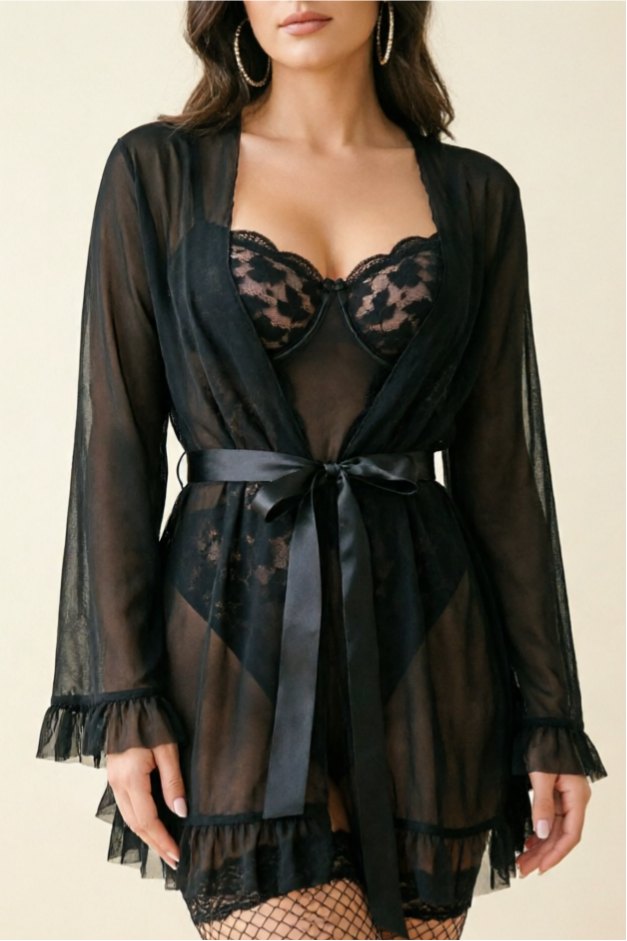 Black sheer mesh lace trim ruffled sleeve robe
