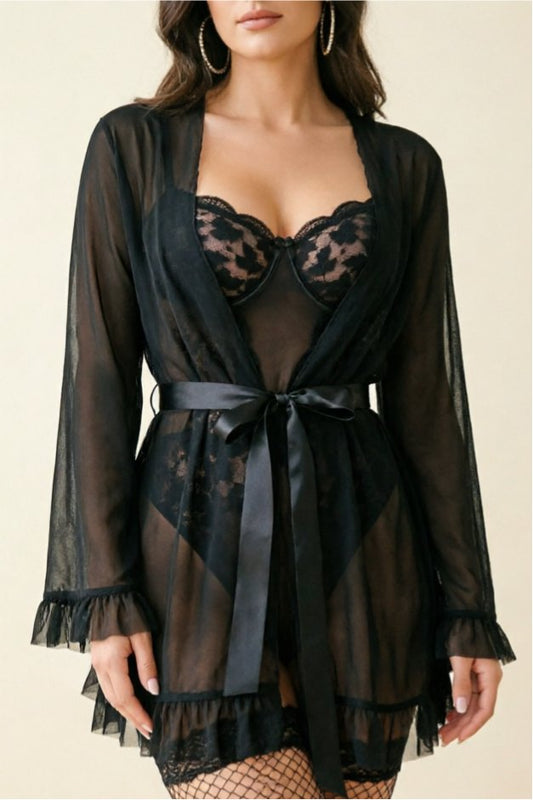 Black sheer mesh lace trim ruffled sleeve robe