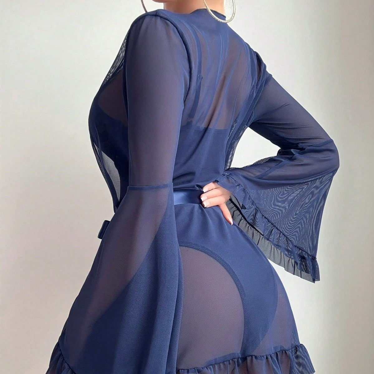 Sheer mesh lace trim ruffled sleeve robe, photo 9