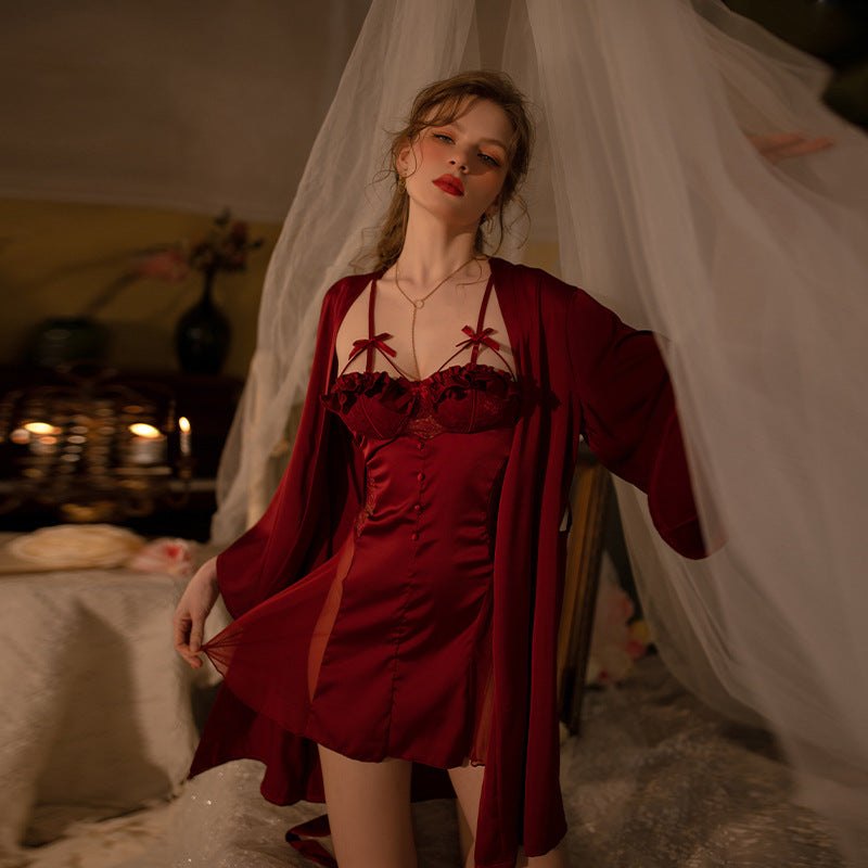 Wine Red Suspenders + Coat sheer mesh ruffle babydoll nightdress