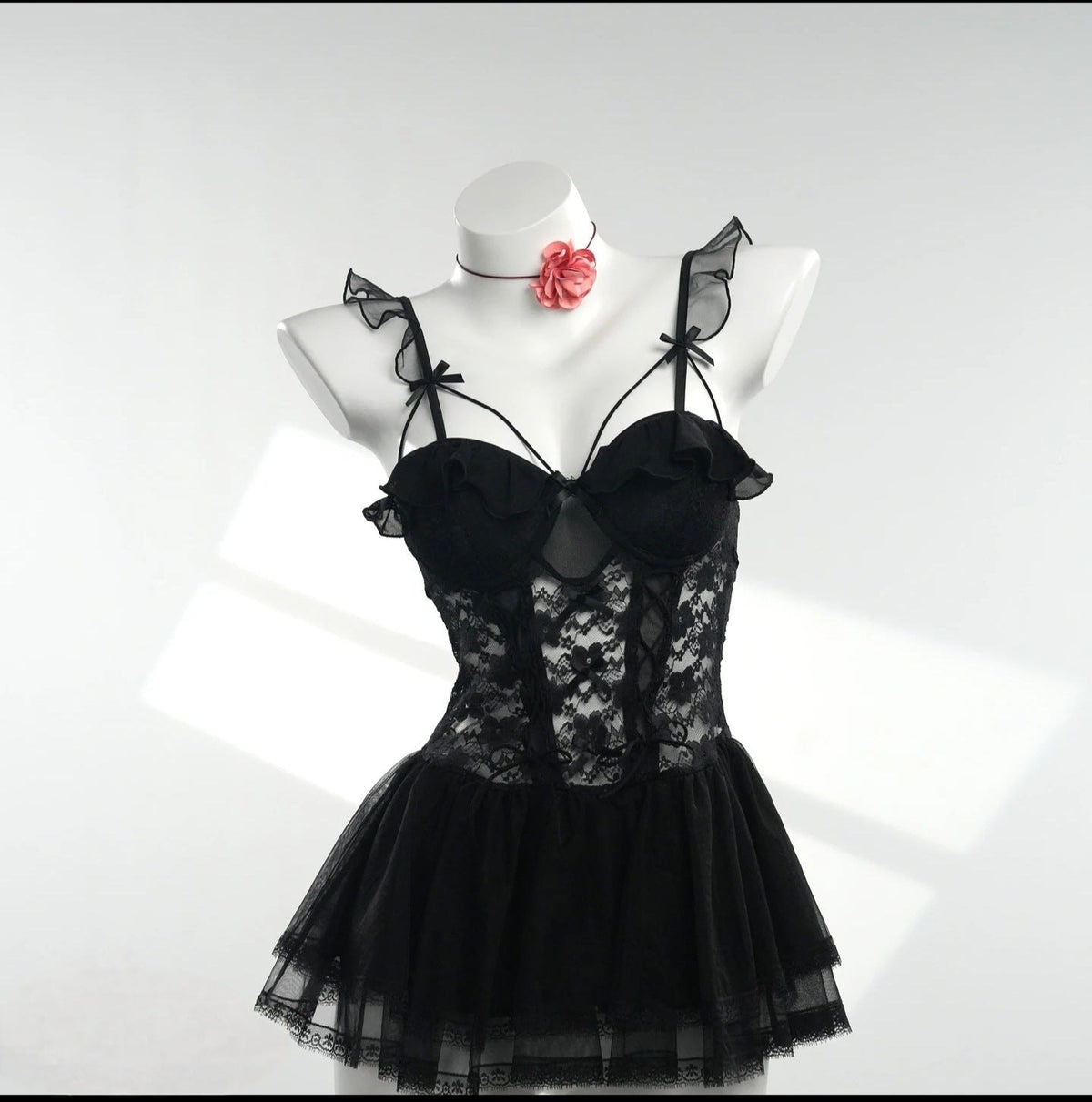 Black sheer mesh ruffle camisole lingerie set