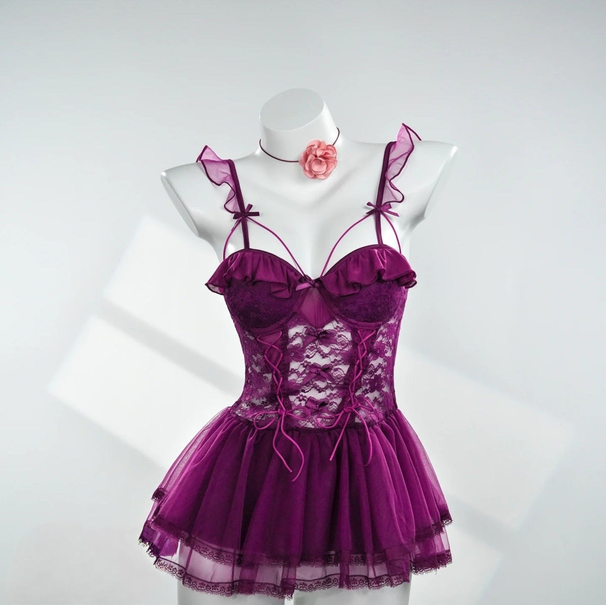 Purple sheer mesh ruffle camisole lingerie set