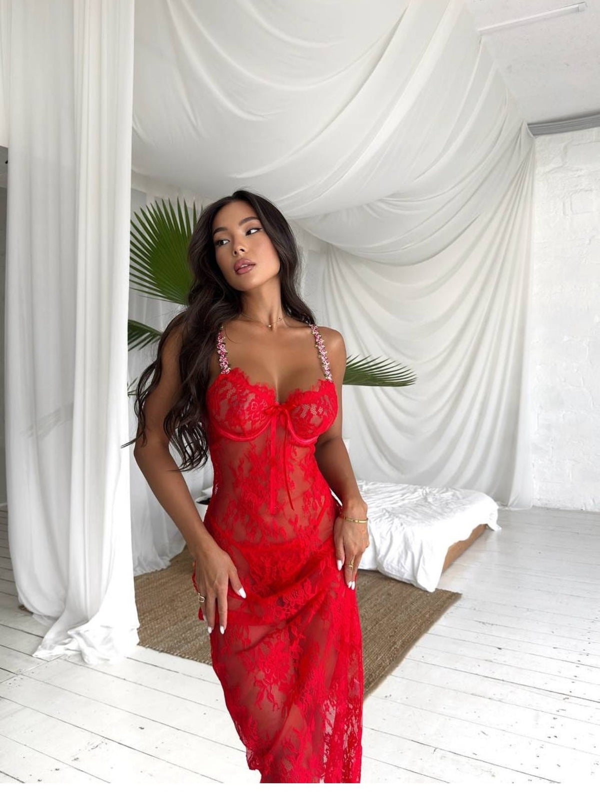 Red sheer petal lace bridal chemise