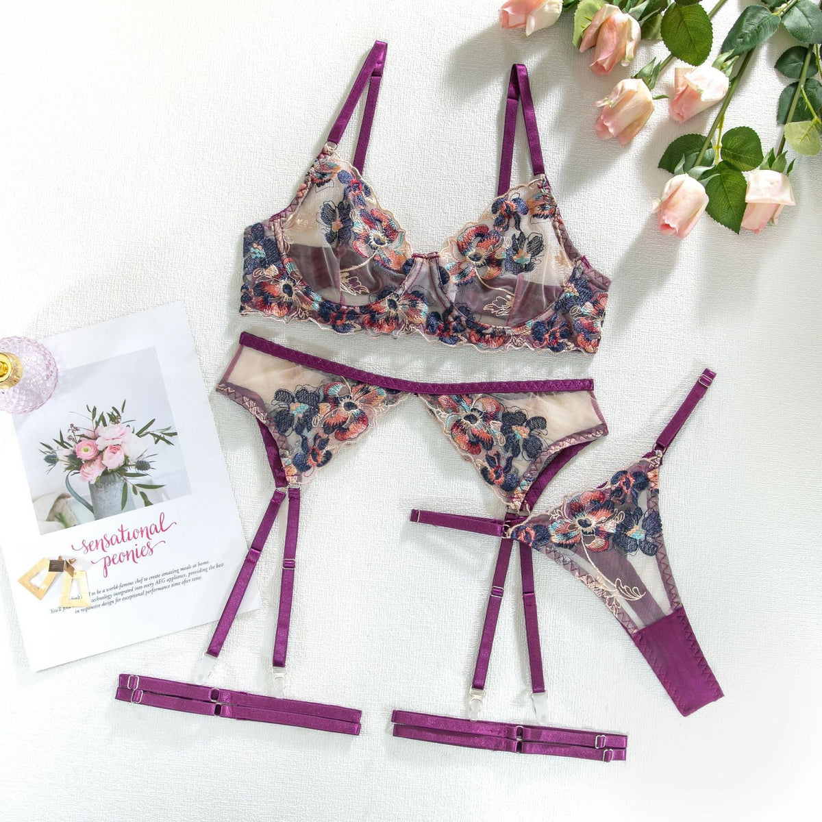 Sheer push up 4 piece garter lingerie set, photo 8